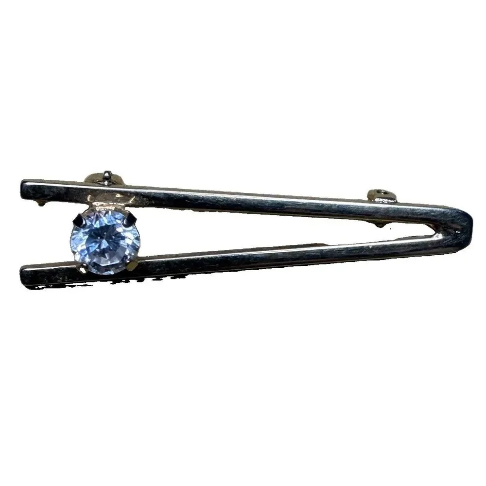 Vintage Gold Tone Minimalist Geometric Bar Brooch Pin Clear Rhinestone Solitaire